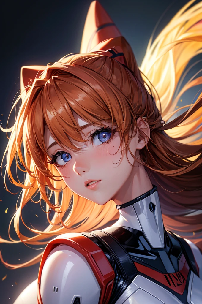 (highest quality, High resolution:1.2), 1 girl, detailed and beautiful eyes,EVA Asuka、Soryu Asuka Langley、dense and beautiful lips, highly detailed eyes and face, long eyelashes, Moderate:oil, Bright colors, HDR, studio lighting, Ultra-fine painting, sharp focus, Physically based rendering, extreme details, portrait, curved body, , perfect shape, Face-to-face audience, sweaty, nice, Half-body photo, displayed in full frame、plug suit