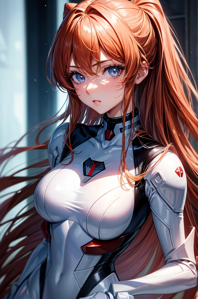 (highest quality, High resolution:1.2), 1 girl, detailed and beautiful eyes,EVA Asuka、Soryu Asuka Langley、dense and beautiful lips, highly detailed eyes and face, long eyelashes, Moderate:oil, Bright colors, HDR, studio lighting, Ultra-fine painting, sharp focus, Physically based rendering, extreme details, portrait, curved body, , perfect shape, Face-to-face audience, sweaty, nice, Half-body photo, displayed in full frame、plug suit