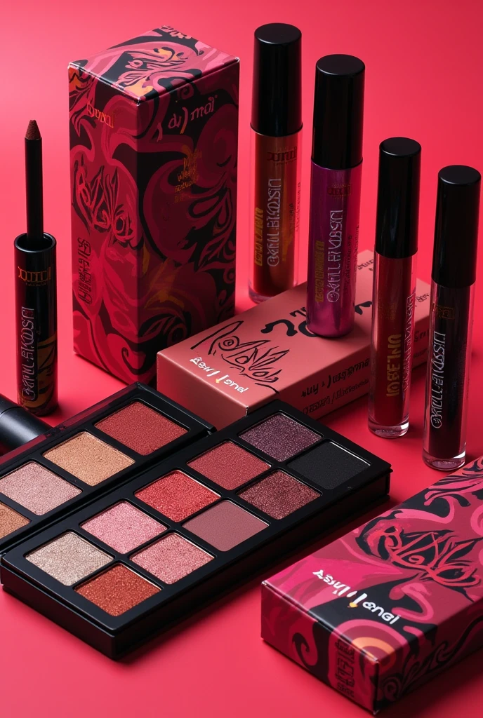 Make a makeup kit,which contains an eye shadow palette, which will have the following colors and names: red- Diablo, Rosa con Guitter- Condy, red con Guitter- Saoko, Vino-motomami and also that the kit includes a line of inks with the colors, red, fiusha and that this is a product of the Benefit brand in collaboration with Rosalía ( Singer )
