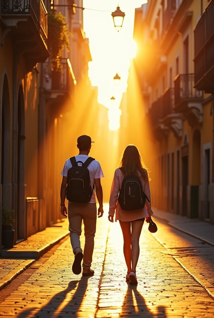 Photograph of two people travelling through a city in Spain with a backpack , a beautiful ray of light
