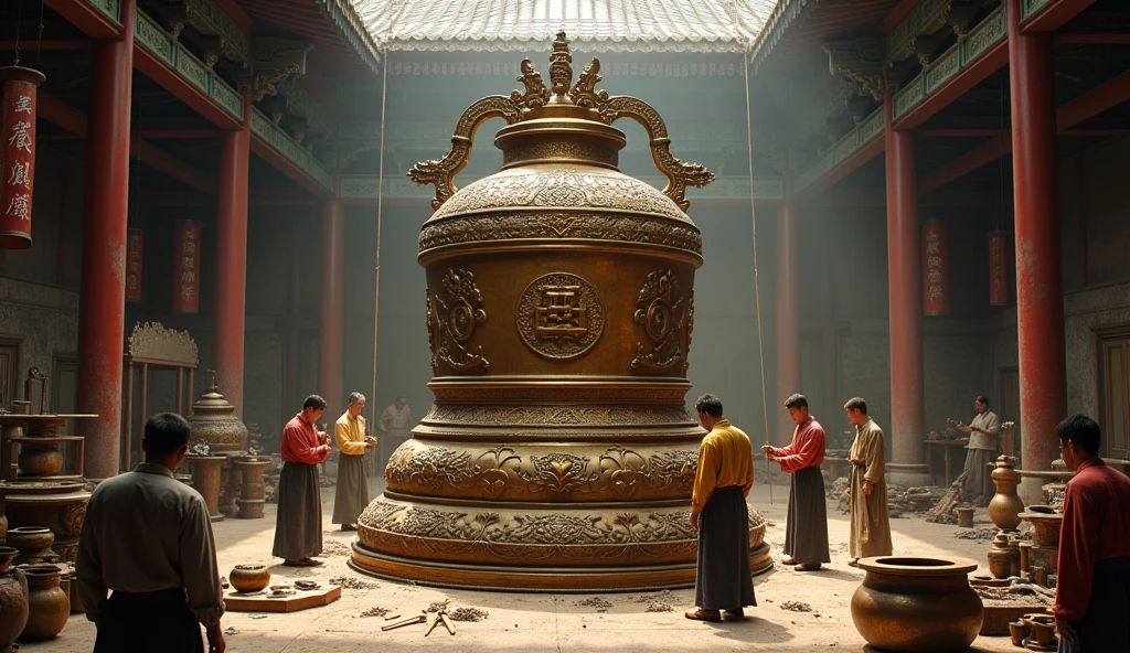 Men building a Chinese bronze bell