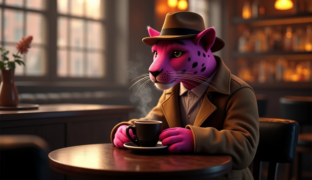 Create a realistic cinematic-style image of a pink-furred with some black spot on the face. panther dressed as a detective, sitting at a bar in New York City, sipping a coffee. The panther, wearing a trench coat and fedora, is seated at a small table with a steaming cup of coffee in hand. The scene should capture the cozy, dimly lit ambiance of the bar, with soft light filtering through the windows, reflecting off the polished surfaces, and creating a warm, yet slightly mysterious atmosphere.