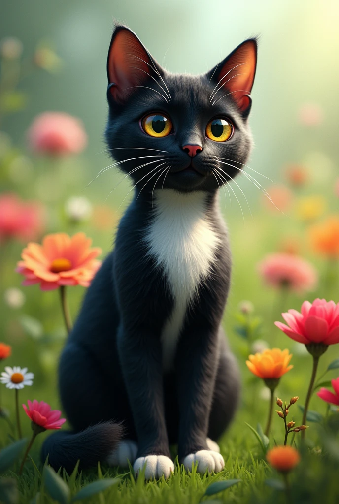 Black cat with white on the chest and also a little white on the paws and a somewhat large pupil in a field of beautiful flowers