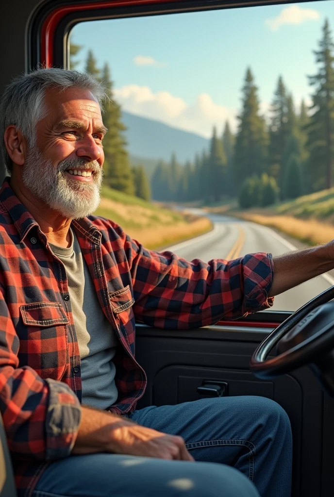 Trucker driving and smiling