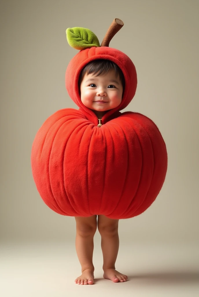 Full-length portrait of a standing child、Wearing a soft apple costume　Arm ejection