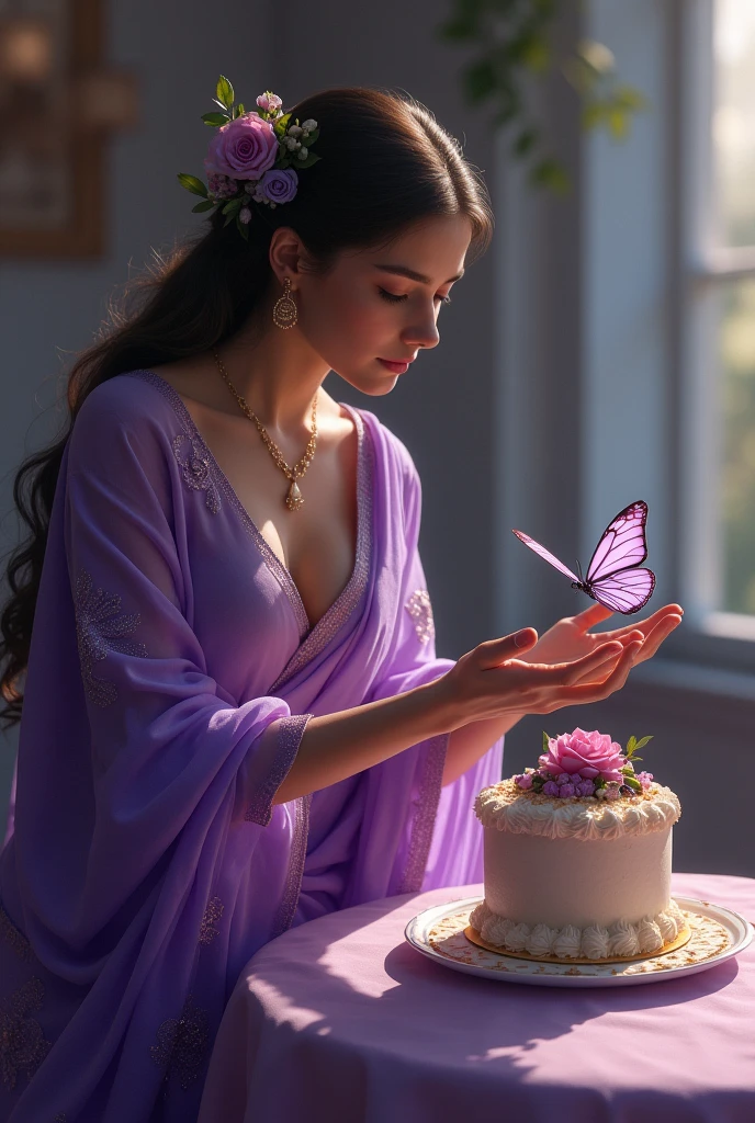 One butterfly sitting on a cake and one women
catching that cake and she wearing purple saree