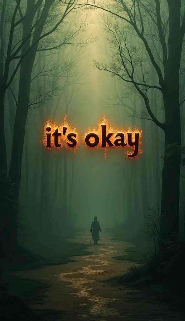  Hard ancient green colour canvas that appear like calm brave and elegence . Middle of the canvas there is word as ' It's okay' by dark browny fire ' 