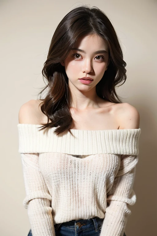 asian babes, She is wearing a casual soft white sweater., comfortable neckline.. ((One shoulder is draped)), Slim shoulders exposed by black bra trap, 그녀의 피부에 빛나는 효과를 만들어내는 빛의 beam에 의해 강조됨. , medium shot , beam, Warm atmosphere , Light through the hair, ((medium shot, whole body, slim waist)), I grew my hair out too、 shining eyes, blush, Karl Larsson, Alphonse a lot, Chiaroscuro, film glen, reflected light, (((long shot))), from the knees up,long shot show (((whole body))), masterpiece, high details, ((gray background, studio lighting ))