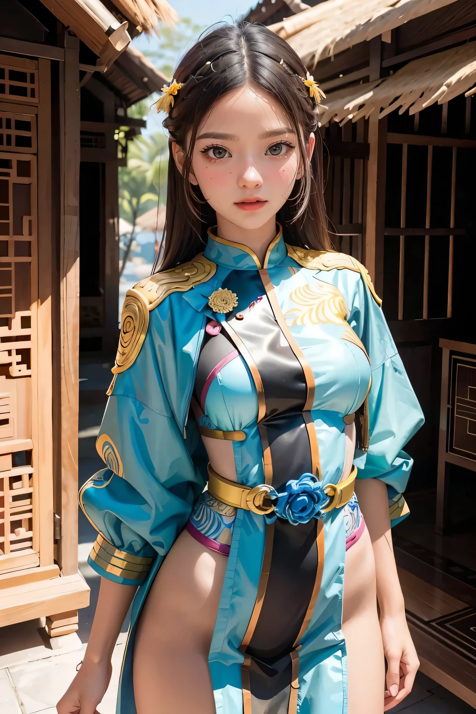 An Indonesian-styled futuristic suit worn by a girl depicting cultural fusion and modern fashion. The suit is adorned with intricate patterns and vibrant colors, showcasing the rich heritage of Indonesia. The girl stands confidently in a dynamic pose, with her detailed eyes reflecting determination and curiosity. The suit's material is a combination of traditional textiles and futuristic synthetic fabrics, giving it a unique and avant-garde appearance. The overall image quality is of the highest standard, with sharp focus and ultra-detailed rendering. The artwork employs physically-based rendering techniques, resulting in realistic lighting and shadows. The colors are vivid and vibrant, capturing the essence of Indonesian cultural aesthetics. The background features a fusion of modern architecture and traditional elements, creating a harmonious blend of the past and the future. The prompt explores the intersection of Indonesian culture, futuristic design, and the artistic representation of a confident girl.