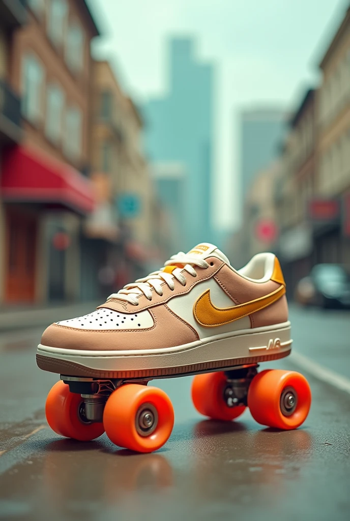 An urban sports shoe in 80s style with pastel shades such as pearl and brown, low reed. Leather and suede materials, with an urban background, that the image looks like an advertisement from the 80s in shades. On the side, wheels of the same tone as an accessory and turn them into skates.