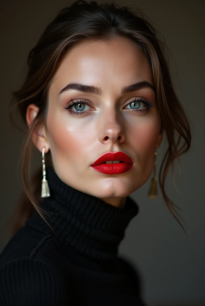 Russian mature model has a strong, angular jawline that could cut glass. High cheekbones that stretch out into a sharp point, framing her eyes perfectly. Her nose is straight and slightly upturned at the tip, adding character to her face. Her lips are full and pouty, often painted with a shade of red that screams confidence. Her complexion is flawless, smooth as silk. Her eyes are captivating; they hold stories of experiences far greater than most people could imagine. They're almond-shaped and framed by thick, dark lashes. The model has a prominent forehead, giving her a regal air. All these features come together to create a stunningly beautiful face that demands attention wherever she goes red lipstick