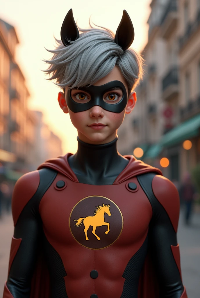 Teenage handsome boy with grey and brown hair and hanzel eyes with horse superhero suit miraculous and with mask on his face with horse sign on his chest fullbody from miraculous ladybug and chat noir