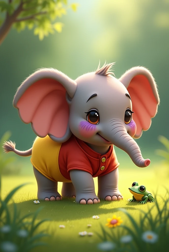 cute baby elephant with yellow torso left side and red torso right side, face smeared with purple, walks on a green lawn, brown paws, tail in green color, finds a cute baby frog