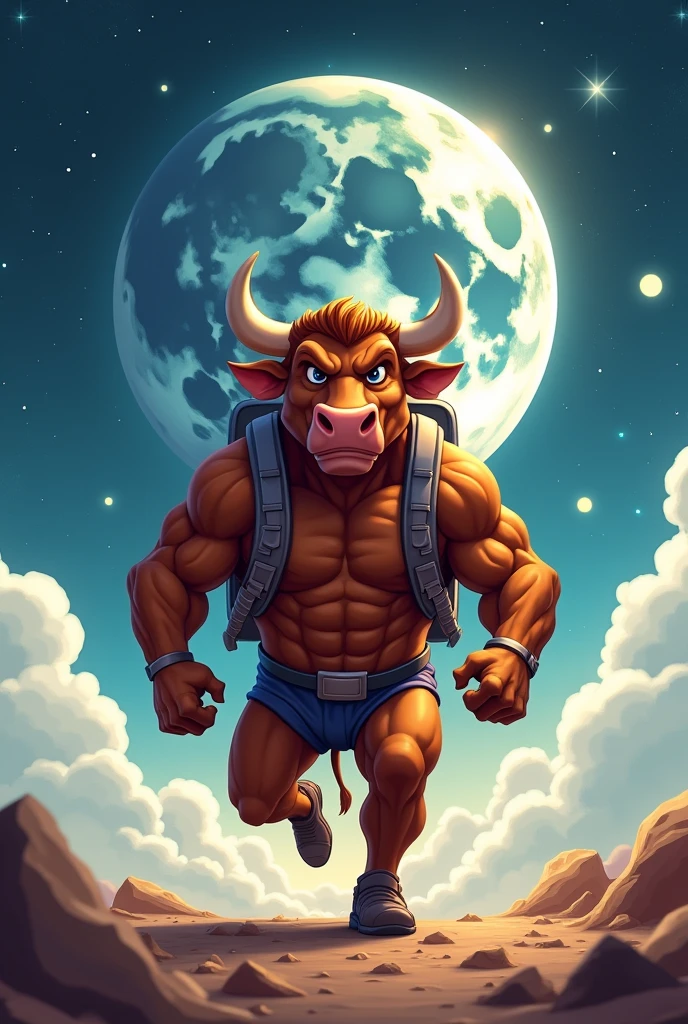 create a funny meme about $BOOMS who is mascot is a macho bull going to the moon