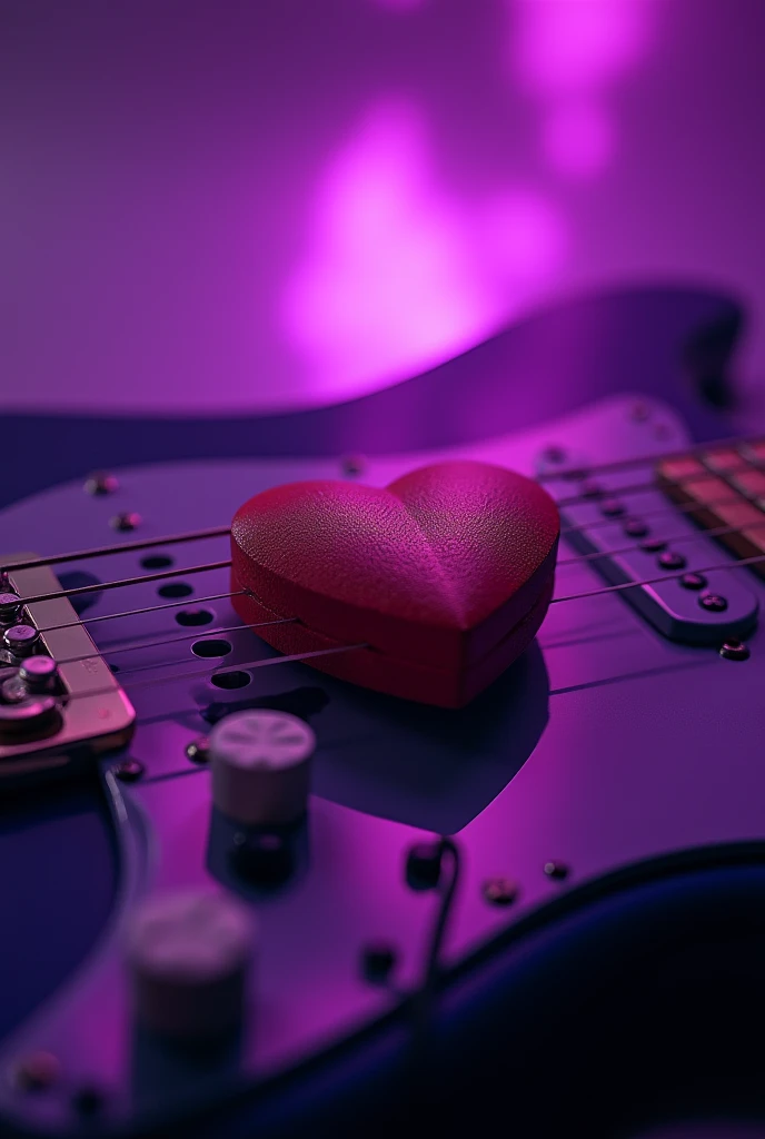Photo of heart shaped medicine pills on top of electric guitar with purple lighting