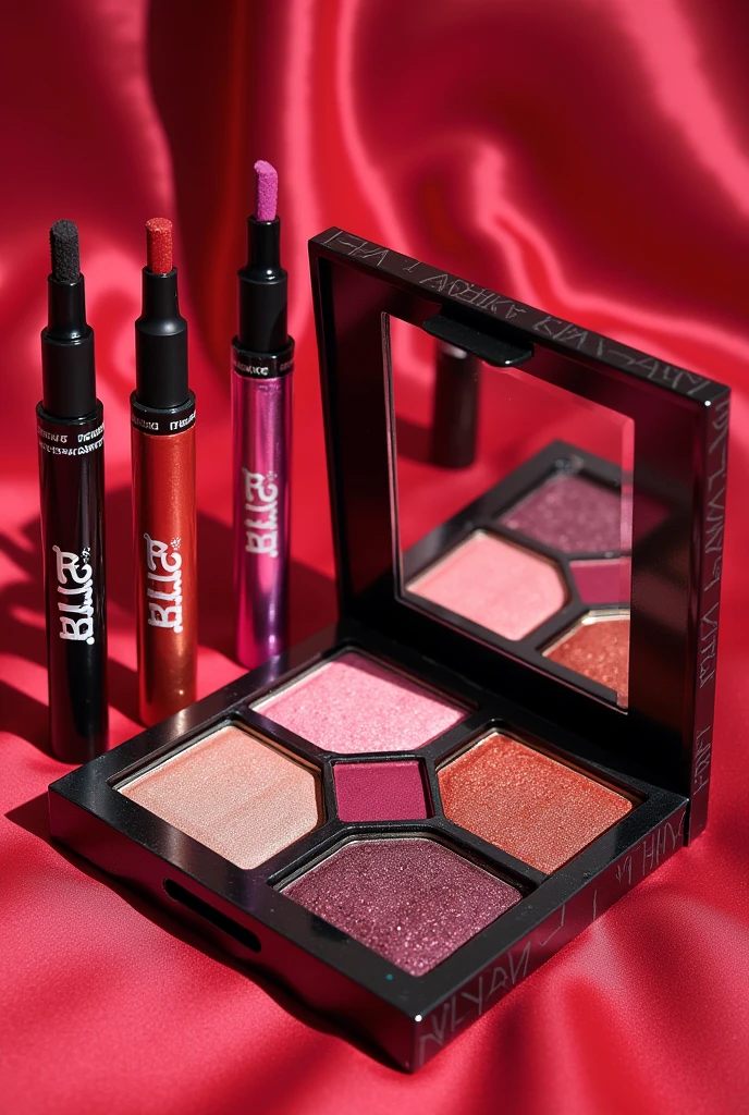 Make a makeup kit,which contains an eye shadow palette, which will have the following colors and names: red- Diablo, Rosa con Guitter- Condy, red con Guitter- Saoko, Vino-motomami and also that the kit includes a line of inks with the colors, red, fiusha and that this is a product of the Benefit brand in collaboration with Rosalía ( Singer )
