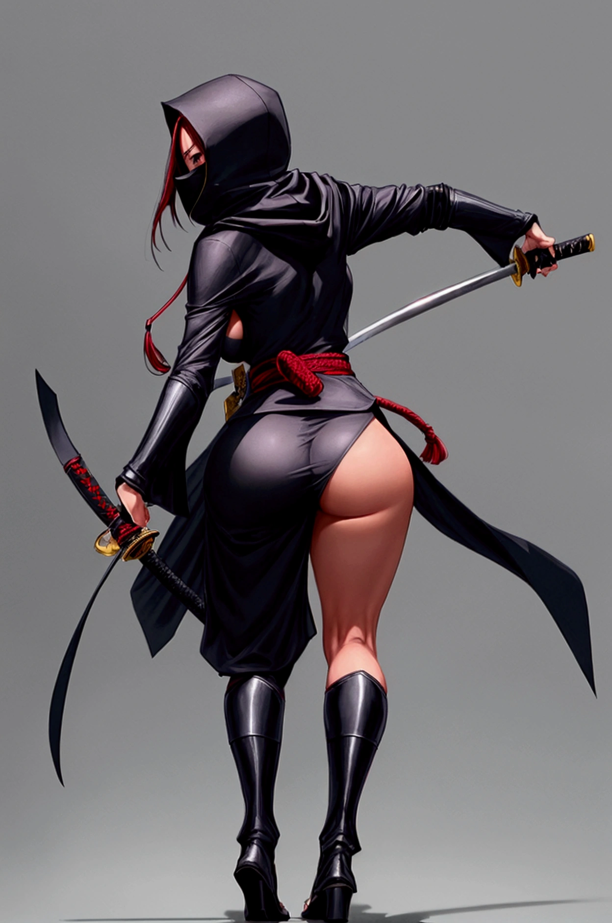 (masterpiece, Best Quality, photorealistic, cinematographic, ultra detailed, 8k), ((medium shot, from behind)), ((fighting stance)), ((perfect body, perfect anatomy, seductive, good hands, big breasts, long round legs, round ass)), (Female ninja with a slim, elegant frame), (She is wearing an elegant, All-dark Shinobi Shozoku with a Crimson Obi belt, hiding most of his face with a hood and mask, revealing only its sharp, almond eyes), (His outfit allows for silent movement, and wears soft-soled tabi boots), (Ayame carries a katana, Ninjato, shuriken, kunai, and a blowgun for combat, all expertly hidden within their robes), (His ninja character exudes elegance and practicality, making her an enigmatic figure in the world of shadows)