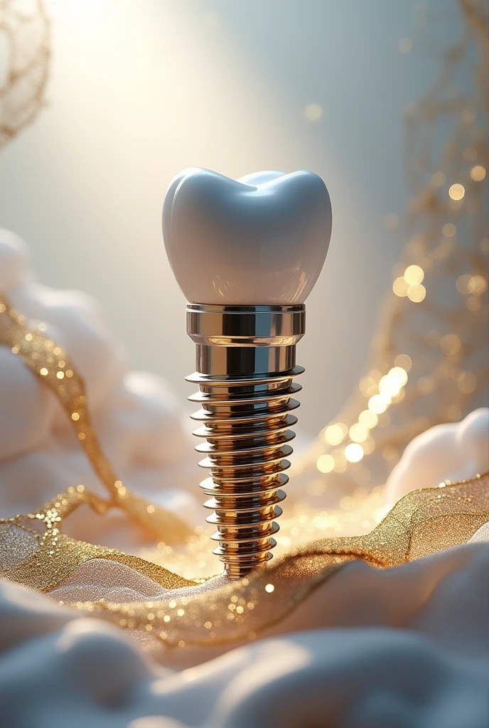Create a striking and sophisticated image that elevates a dental implant to the level of fine art. The implant should be the centerpiece, intricately detailed to showcase its titanium structure and the crown, presented with a high level of craftsmanship. Surround the implant with artistic flourishes such as flowing, golden accents, and delicate, abstract patterns that evoke luxury and precision. The design should incorporate elements of modern art, with a minimalistic yet elegant background that uses soft gradients or textured layers to keep the focus on the implant. The lighting should be refined, casting gentle highlights and shadows that enhance the metallic sheen and the smooth surfaces of the implant. The overall composition should blend the technical precision and strength of the dental implant with the beauty and sophistication of contemporary art, creating an image that is both visually captivating and conceptual