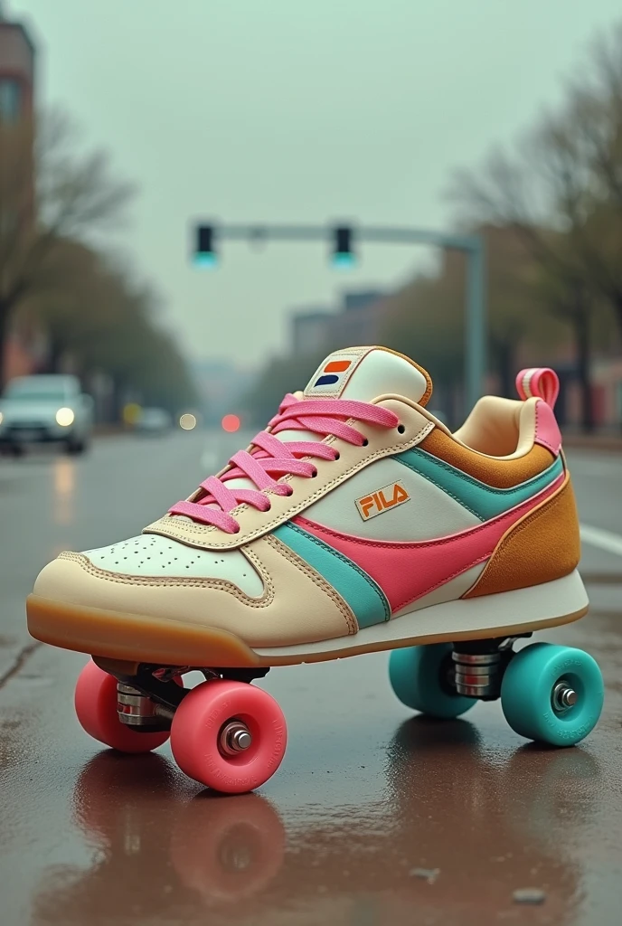 An urban sports shoe from the FILA brand, 80s style, with pastel shades such as pearl and brown., low reed. Leather and suede materials, with an urban background, that the image looks like an advertisement from the 80s in shades. On the side, wheels of the same tone as an accessory and turn them into skates.