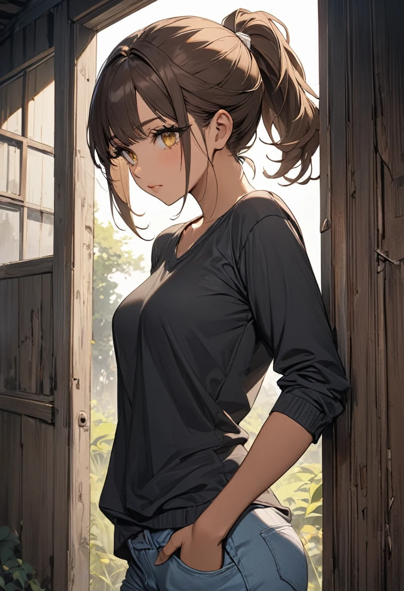 ((best quality)), ((Masterpiece)), (details), Young woman, alone, (Medium bust, brown hair, yellow eyes, ((Ponytail)) , Hip fart, handsome face, (Tanned skin:1.3), Long eyelashes,Thick eyelashes) , Wear casual clothes, Abandoned house, Dark tones