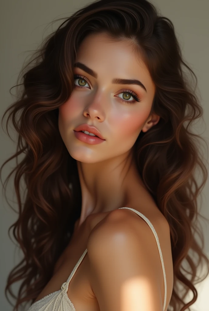 Elegant portrait of a young sexy with brown, subtly shaded, curly long hair and green eyes, featuring a seductive gaze. Her face is smooth, silky, and oval-shaped