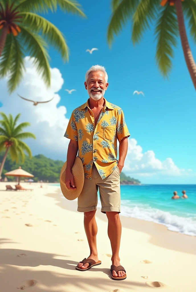 create a happy man who is wearing summer clothes and is at the beach