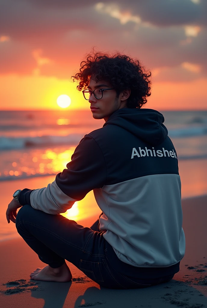 handsome boy, sitting on the sea beach, wearing eyeglasses, wearing black white hoodie , black jeans, Curley hair, wearing watch, evening sunset, sea beach in background, evening sunset, written 'Abhishek' in backside of hoodie,Alphonse Mucha