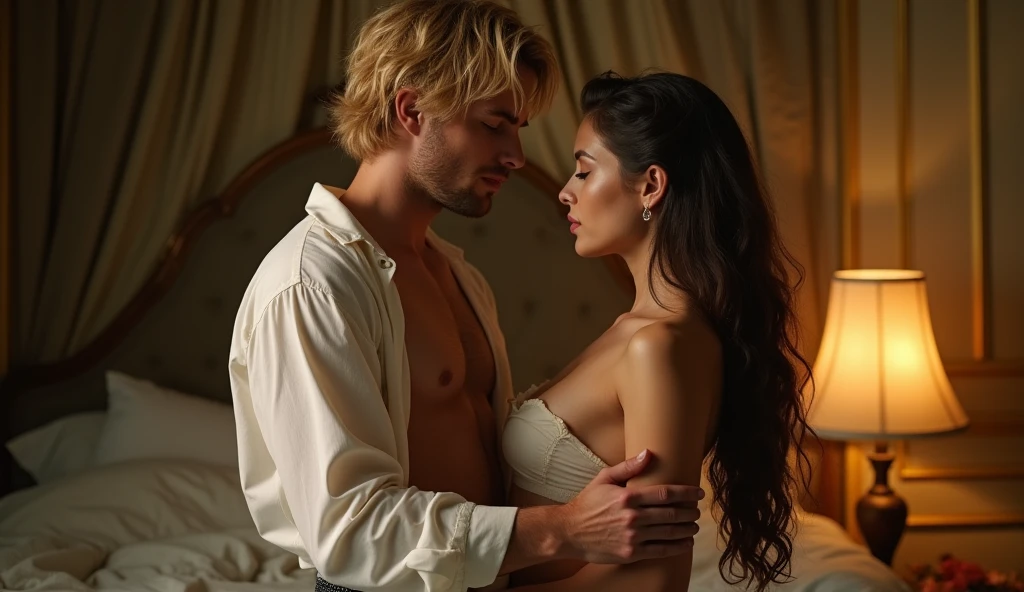 "A striking young nobleman with blond, slightly tousled hair stands in a softly lit bedroom from the late 19th century, having just removed his white shirt, revealing his sculpted, muscular body. He leans slightly forward with an intense expression of desire as he looks at a beautiful young woman with long, wavy hair cascading down her shoulders. She wears a simple nightgown, her face filled with admiration and desire as she gazes back at him. The warm lighting from a bedside lamp casts gentle shadows across their bodies, enhancing the intimate atmosphere of the moment. --ar 16:9"