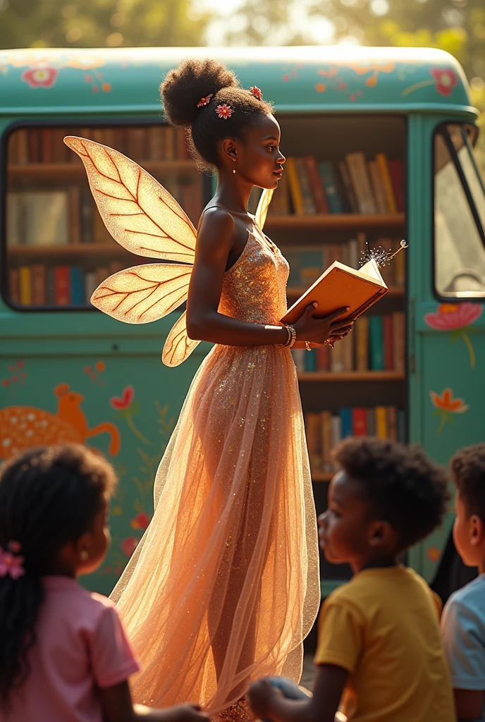 A black teacher dressed as a fairy next to a van full of books inside, teaching your students