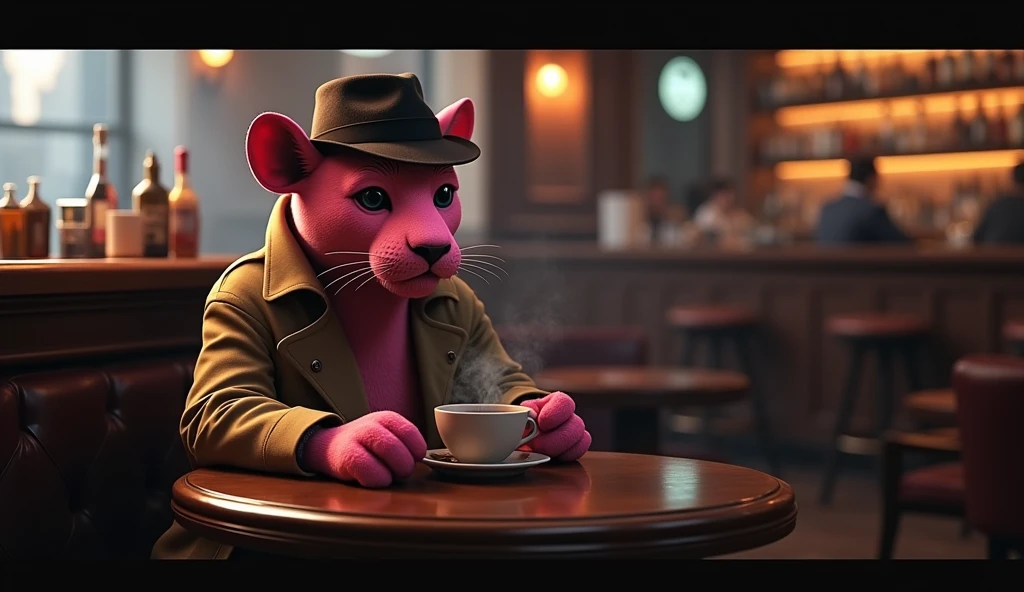 Create a realistic cinematic-style image of a pink-furred with some black spot on the face. panther dressed as a detective, sitting at a bar in New York City, sipping a coffee. The panther, wearing a trench coat and fedora, is seated at a small table with a steaming cup of coffee in hand. The scene should capture the cozy, dimly lit ambiance of the bar, with soft light filtering through the windows, reflecting off the polished surfaces, and creating a warm, yet slightly mysterious atmosphere.