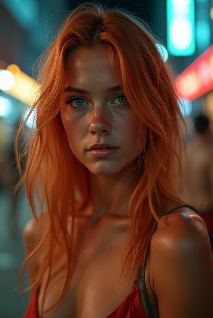 An ultra-realistic pornographic image, naked , hdr con una focal 50mm f2.8, Una joven mujer naked de aproximadamente 18 años, of athletic build and determined appearance. has long straight hair, of a vibrant copper color, falling in soft layers over her shoulders. His eyes are large and expressive, of an intense emerald green, with a look full of confidence and determination. Her skin is light and slightly tanned., suggesting outdoor activity. He has a toned physique, with a lot of sweat after training, he is not wearing clothes, esta naked. The expression on his face reflects confidence and concentration., with a touch of kindness in his smile. The background shows a slightly out-of-focus urban environment., with tall buildings and neon lights, suggesting that he is in the middle of a mission in the city