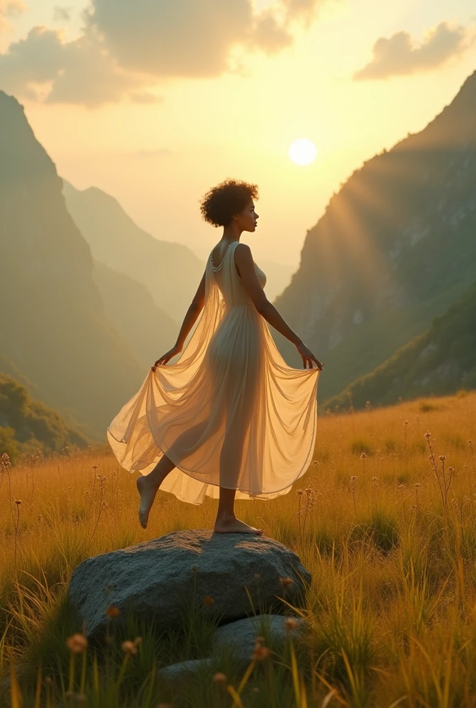 Wide Frame, Background of mountains covered with vegetation., sky with soft clouds of a soft orange color, The rays of the sunset sun filter through the clouds., surreal atmosphere, bruma tenue, Slim woman with beautiful silhouette, with a gauze surrounding his body, dancer pose, Caucasian features, White skin, on a rock, Surrounded by a meadow of long, yellow grass waving in the wind., short hair, dark and curly, looking into infinity, The woman occupies a small part of the painting., It is part of the landscape, studio lighting, the light of the sunset marks its silhouette. Parada en un pie on a rock, Full body photo, The landscape surrounds it, subject in lower right corner,