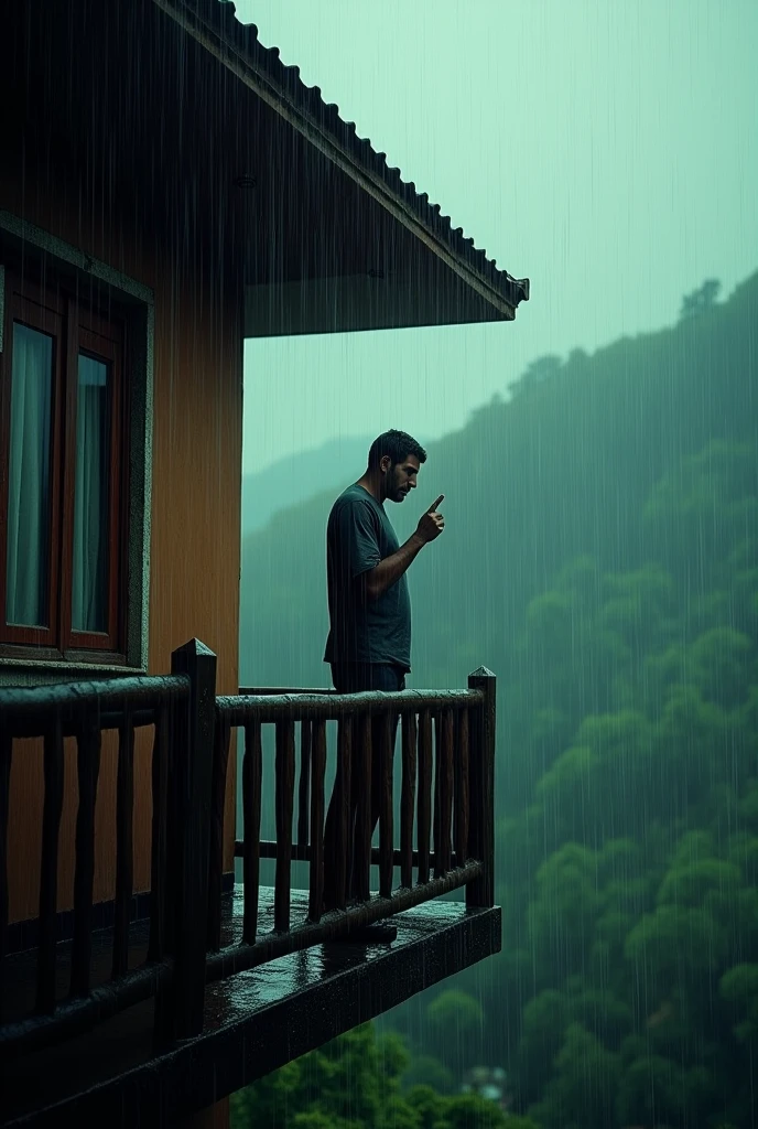 create cinematic, photo realistic film poster of a man staring from the balcony of his first floor bungalow, heavy rain, monsoon, outskirts of Darjeeling, anger in face, finger pointing downwards