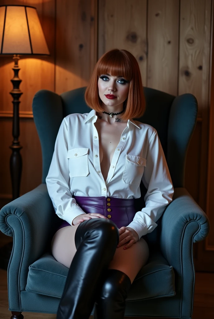 professionally color graded photograph. tall. busty. English woman. in her mid 30s. (white pale skin). auburn bob cut wig with bangs. (heavy goth style makeup). black eyeliner. heavy smoky eyeshadow. deep blue contact lens eyes. (black rectangle frame eyeglasses). long glamour eyelashes. cherry red glossy lipstick. Wearing white short sleeve tight fitted dress shirt with pockets. partially unbuttoned. cleavage. bodycon purple leather mini skirt. ((wearing Black leather thigh high cfm boots)). very tall boots. Sitting in armchair. back straight. legs crossed. arms on armrest. next to bed in bedroom of cozy knotty pine mountain house in France. Foggy night. ambient light. eye contact. smiling in greeting. eye level POV