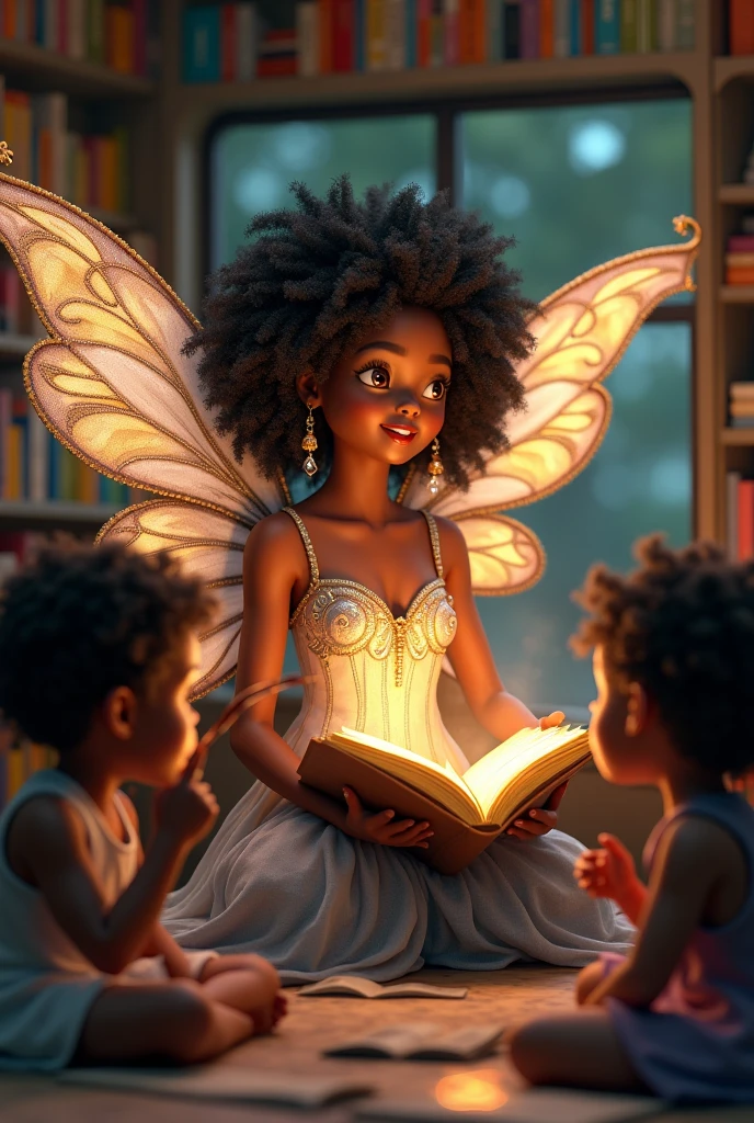 3D drawing of a black woman dressed as a fairy next to the fairy&#39;s kombiteca (it&#39;s a library van, with several books inside), with a wand in his right hand and a children&#39;s storybook in his left hand, with several children sitting around paying attention to the story the fairy is telling
