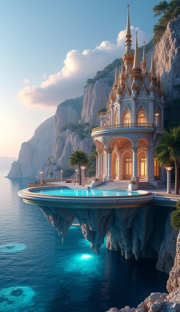 **"Behold the Celestial Haven, an opulent fortress of dreams, suspended between the heavens and the shimmering depths of the Mediterranean Sea. This floating palace defies the boundaries of reality, where each wave that kisses its foundation whispers tales of ancient gods and forgotten worlds.The mansion’s architecture is a symphony of luxury and fantasy—its towering spires pierce the sky, wrapped in ivy that glows with a soft, otherworldly light. Crafted from marble that shifts hues with the setting sun, it gleams like a mythical pearl, casting reflections that dance across the ocean’s surface. The entire structure is a marvel, as though the very essence of the sea and sky conspired to birth this sanctuary.A grand pool, more a lagoon than a simple water feature, encircles the mansion, its waters imbued with the color of sapphires. It seems to float above the ocean itself, an infinity pool without end, where the water meets the sky in a seamless, breathtaking union. The air is filled with the scent of citrus groves and salt-kissed winds, while the distant cliffs of Capri stand as ancient sentinels, guarding this paradise of unimaginable beauty.Inside, corridors lined with mosaics depicting legends of old lead to chambers that redefine luxury—each room an ode to the gods, with ceilings that sparkle like the night sky and furnishings that seem carved from stardust. From every angle, the mansion offers views that stir the soul—a panoramic vision of endless blue, where the horizon blurs into the ethereal realm of dreams.This is not just a home; it is a sanctuary for the soul, a place where luxury transcends the earthly and touches the divine, perched on the edge of reality, overlooking the infinite possibilities of the ocean below."**