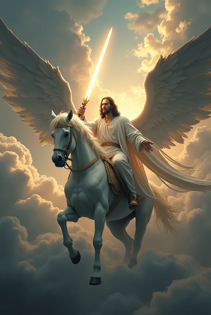 Jesus sitting on clouds riding a horse while wealding a sword of light destroying a scary big demon