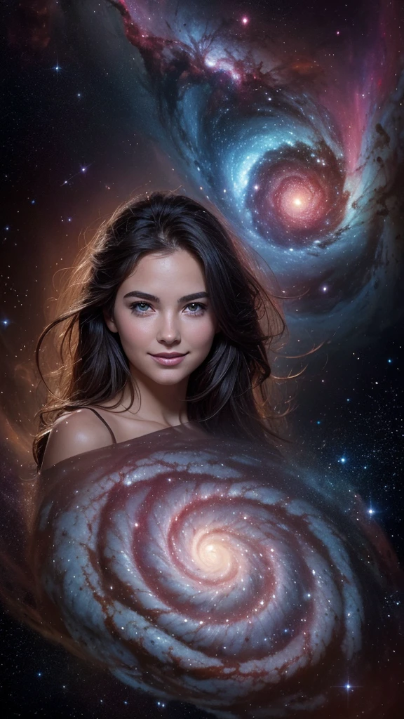 A whirlpool of nebula, at the centre of the Nebula there's stunningly beautiful delicate face young woman . Smiling .