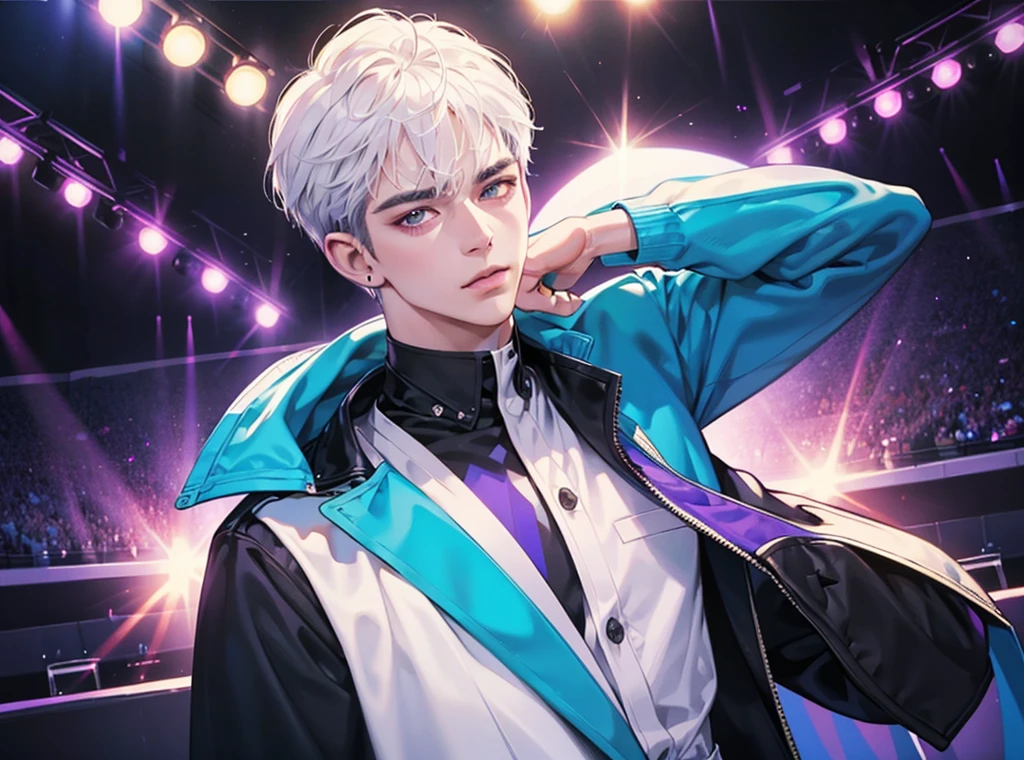a handsome man with white hair and brown eyes, wearing a modern idol costume, standing on a stage with purple and blue neon lights in the background, one ear piercing, short haircut, (best quality,4k,8k,highres,masterpiece:1.2),ultra-detailed,(realistic,photorealistic,photo-realistic:1.37),highly detailed portrait,professional photography,dramatic lighting,vivid colors,cinematic,concert,idol,singer,man,stage