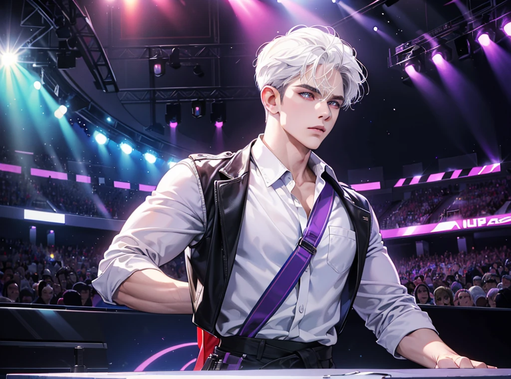 a handsome man with white hair and brown eyes, wearing a modern idol costume, standing on a stage with purple and blue neon lights in the background, one ear piercing, short haircut, (best quality,4k,8k,highres,masterpiece:1.2),ultra-detailed,(realistic,photorealistic,photo-realistic:1.37),highly detailed portrait,professional photography,dramatic lighting,vivid colors,cinematic,concert,idol,singer,man,stage
