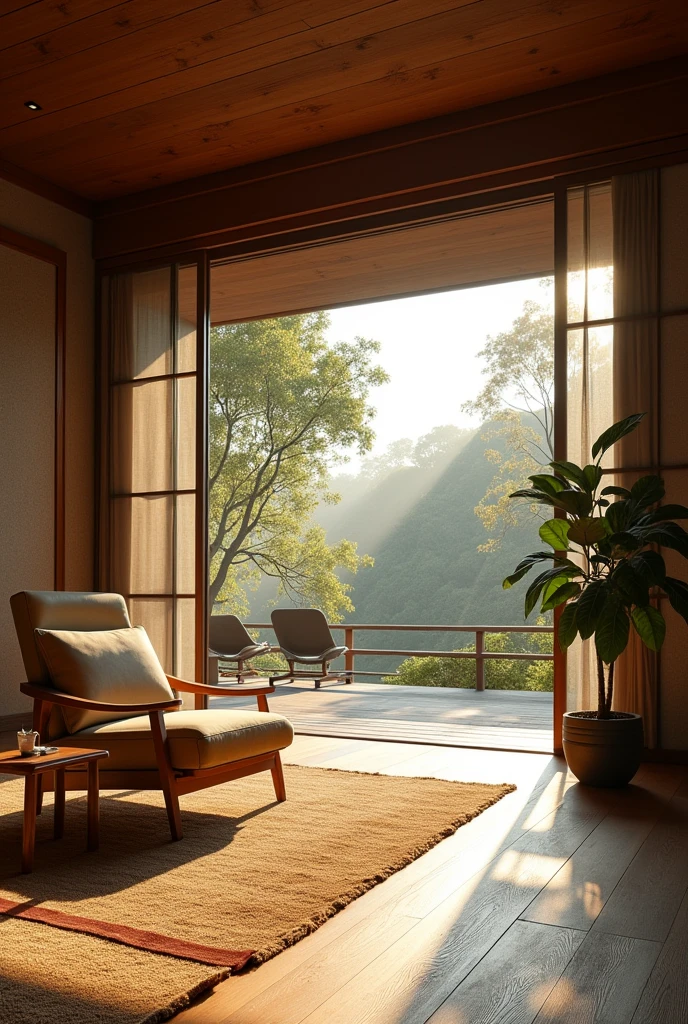 Interior design、Crazy detailed wide-angle building photos、cozy contemporary living room、(Bright warm sunshine 1:0.1)、award-winning contemporary interior design、Landscapes、DL、a chair、in a house、wooden floor、window、dining room、east asian east asian architecture、Sliding paper doors、lamp lights、buliding、the woods、naturey、Cups、A plant、Interior design、Insert lights and shadows、depth of fields、low illuminance