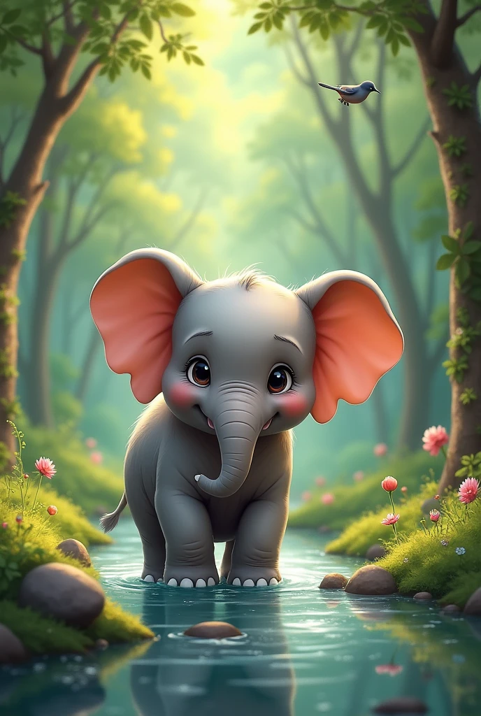 cute baby elephant walking in a stream towards the beautiful forest