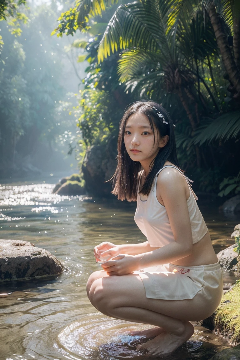 Highest quality, masterpiece, Ultra-high resolution,  white girl soaks feet in a Japanese hot spring, Outdoor hot spring, Stone hot spring, Moss and tree々Surrounded by, Super beautiful face, Pure Body, I can see my pores, (smile:0.8), Wearing split (lace headband:1.2), (realism:1.5), Original photo, Soaking wet, Sweaty, Bare shoulders, In the Dark, Deep Shadow, Low Key, Cold Light