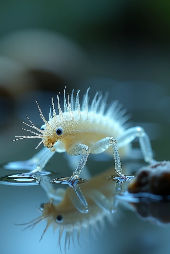 a terrifying realistic white larva , with tiny black hairs, a mouth with tentacles, no eyes. Stone floor.