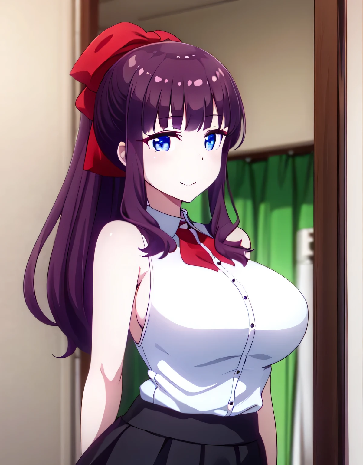 (large breasts:1.55),(shiny,hair),((solo)),((masterpiece)),((best quality)),perfect anatomy,slim waist,perfect image,8k UHD,(beautiful detailed eyes:1.5),extremely detailed face,standing,(upper body:1.25),(look at the front:1.5),(arms behindback),ultra-detailed,absurdres,highres,hifumi takemoto,long hair,bangs,(blue eyes),bow,ponytail,purple hair,hair bow,sleeveless clothes,skirt,light smile,indoor room,shiny skin,