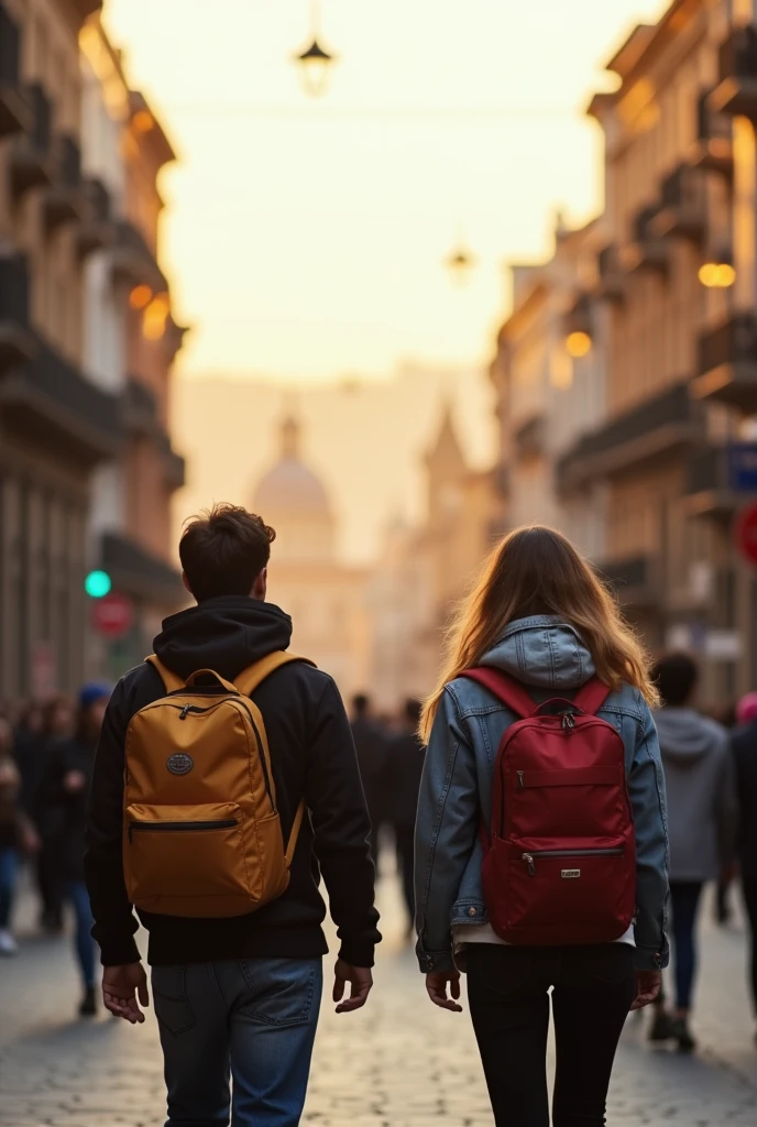 Frontal photograph of two people traveling through a city in Spain with a backpack , a beautiful ray of dim light

