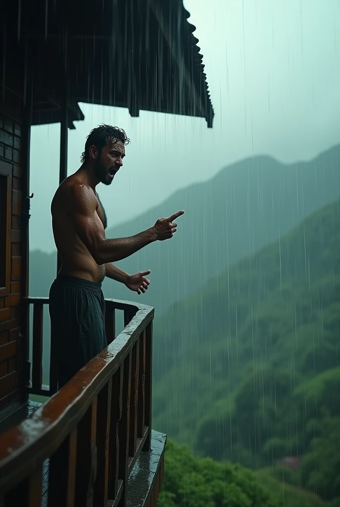 create cinematic, photo realistic film poster of a drenched man staring from the balcony of his first floor bungalow, shouting downwards, heavy rain, monsoon, outskirts of Darjeeling, finger pointing