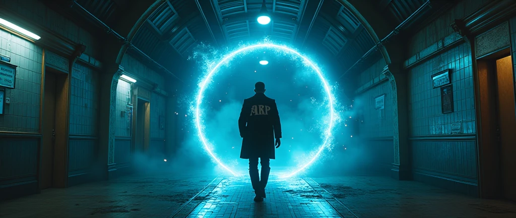 there is a man in an overcoat entering a portal, he is entering an interdimensional portal, he wears high boots, your coat is written "ARP" in back, He is tall, o portal tem bordas de energy azul, he is at a train station, the portal leads to a tiled room, noir style and investigation, he looks back over his shoulder, he has a pistol, there is a blue light technology watch on your wrist, sparks, sparks, energy, neon lamps, dirty station and flying newspapers, motion-blur, waning moon, cloudy night, light posts, abandoned modern train
