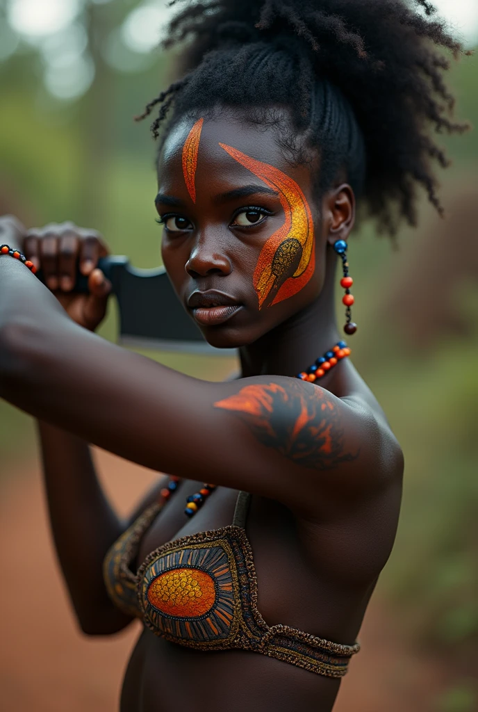 young african woman, ancient african tribal warrior, full body, very dark black skin, wielding a machete, facepaint, bodypaint, sexi, small breasts, small bra made of colorful beads, highly detailed, vibrant appearance, creative behavior, extremly detailed, imaginative, sensual, spontaneous, highest quality, skin texture, intricate details, (cinematic lighting), RAW photo, 8k, masterpiece,best quality,ultra-detailed,very detailed illustrations,extremely detailed,intricate details,highres,super complex details,extremely detailed 8k cg wallpaper,