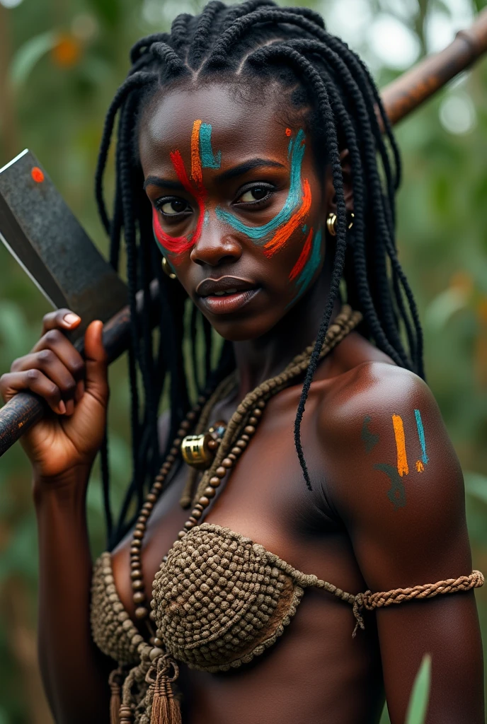 young african woman, ancient african tribal warrior, full body, very dark black skin, wielding a machete, facepaint, bodypaint, sexi, small breasts, small bra made of colorful beads, highly detailed, vibrant appearance, creative behavior, extremly detailed, imaginative, sensual, spontaneous, highest quality, skin texture, intricate details, (cinematic lighting), RAW photo, 8k, masterpiece,best quality,ultra-detailed,very detailed illustrations,extremely detailed,intricate details,highres,super complex details,extremely detailed 8k cg wallpaper,